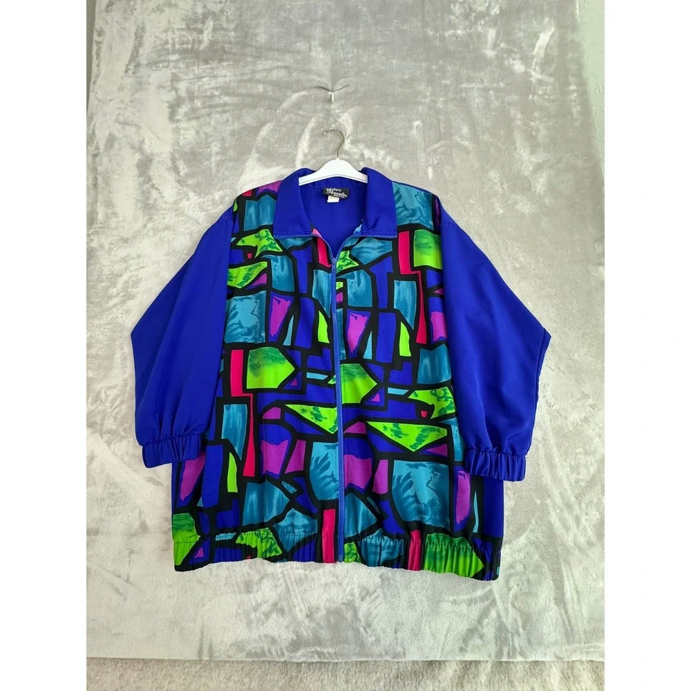 Silver Threads Ltd Vintage 90s Geometric Windbreaker‎ Jacket Blue XL Made in USA